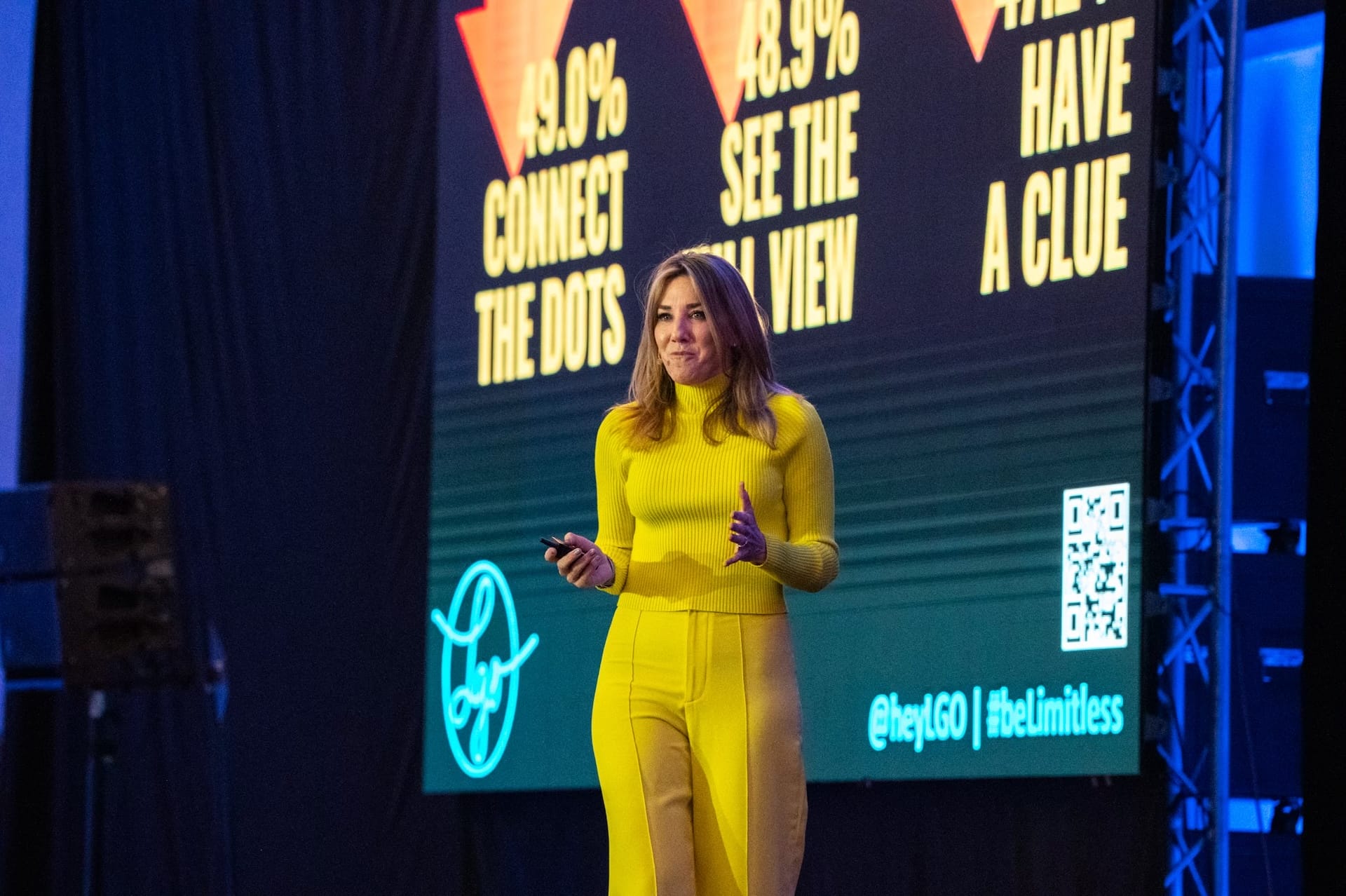 Sales Keynote Speaker Laura Gassner Otting on Stage wearing bright yellow